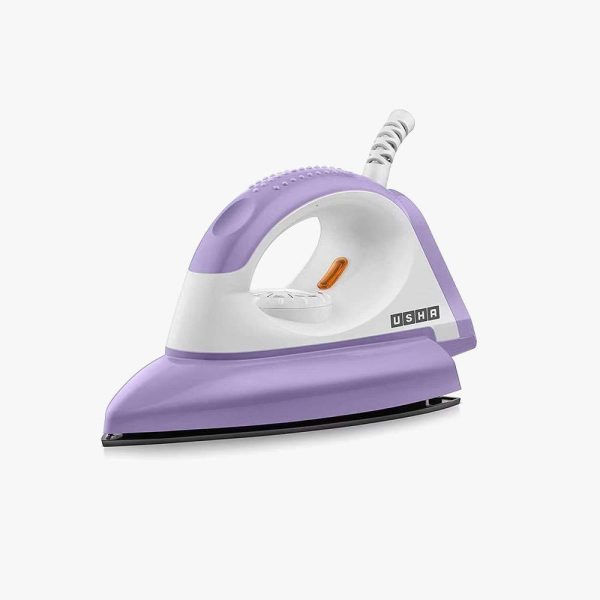 USHA Armor 1100 watts Dry Iron with Shock Proof Plastic Body | Single Coat Black Non Stick Soleplate for Longer Durability|Overheat Safety Shutoff |180° Swivel Cord | 2 Years Warranty|(Purple & White)